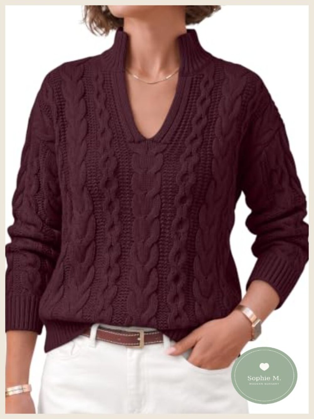 Women Split Mock Neck Cable Knit Pullover Sweater Cotton Acrylic Fall